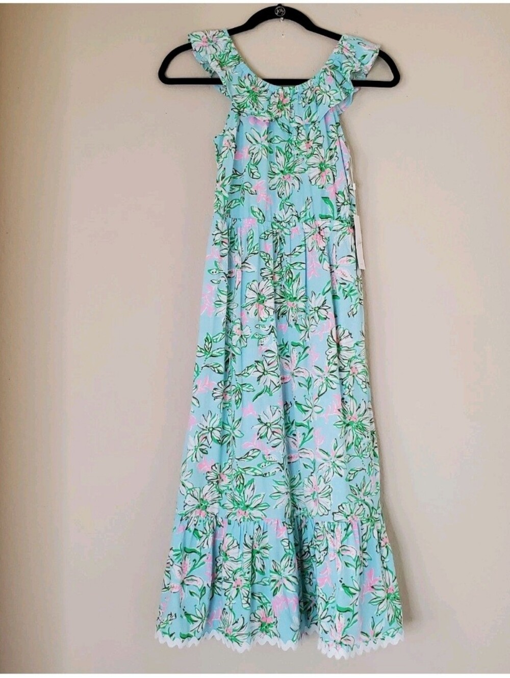 Lilly Pulitzer Girls Midi Dress Zetta Sz L (8-10) Blue Green Floral Resortwear